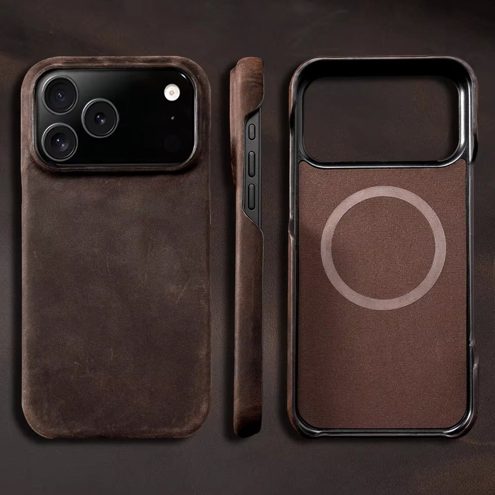 Luxury iPhone Case — Genuine Cowhide Leather Pull-Up Cover with Retro Magnetic Design, MagSafe Compatibility & Shockproof Full-Back Protection