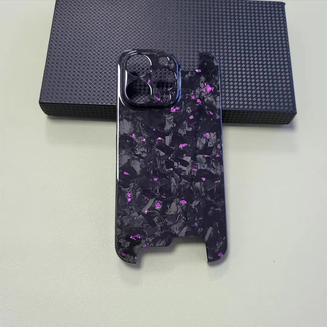 Luxury iPhone Case — Glossy Forged Pure Carbon Fiber Ultra-Thin Cover with Glitter Irregular Design, Shockproof Lightweight Half-Wrapped Protection