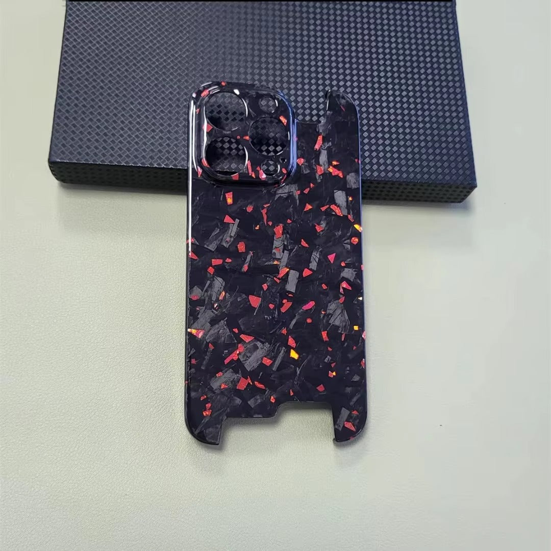 Luxury iPhone Case — Glossy Forged Pure Carbon Fiber Ultra-Thin Cover with Glitter Irregular Design, Shockproof Lightweight Half-Wrapped Protection