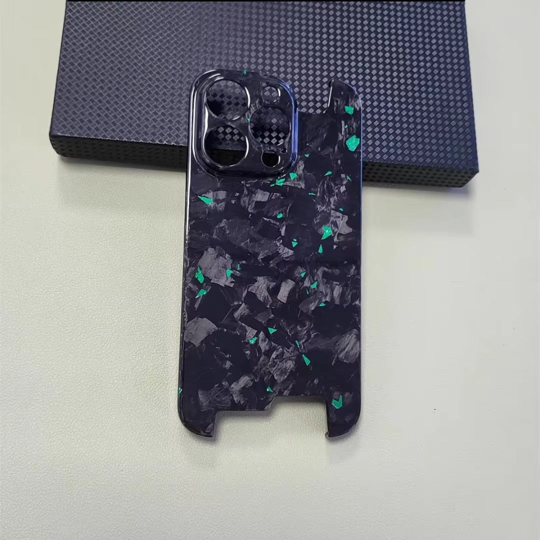 Luxury iPhone Case — Glossy Forged Pure Carbon Fiber Ultra-Thin Cover with Glitter Irregular Design, Shockproof Lightweight Half-Wrapped Protection