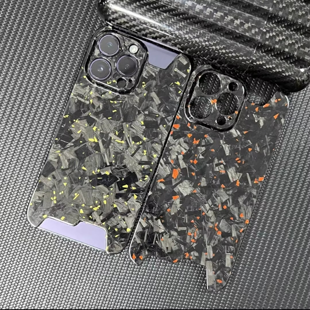 Luxury iPhone Case — Glossy Forged Pure Carbon Fiber Ultra-Thin Cover with Glitter Irregular Design, Shockproof Lightweight Half-Wrapped Protection