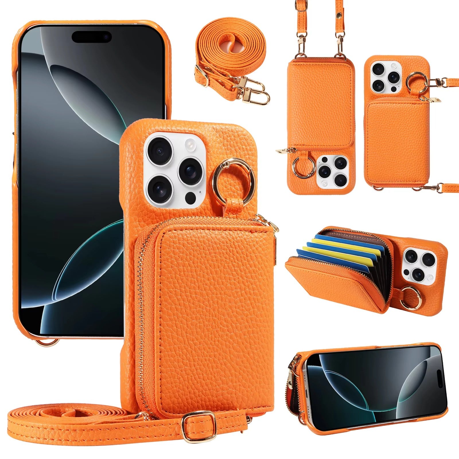 Luxury iPhone Case — High-Quality Faux Leather Crossbody Wallet with Card Slots, Ring Holder, Shockproof Anti-Scratch Full-Protection Design