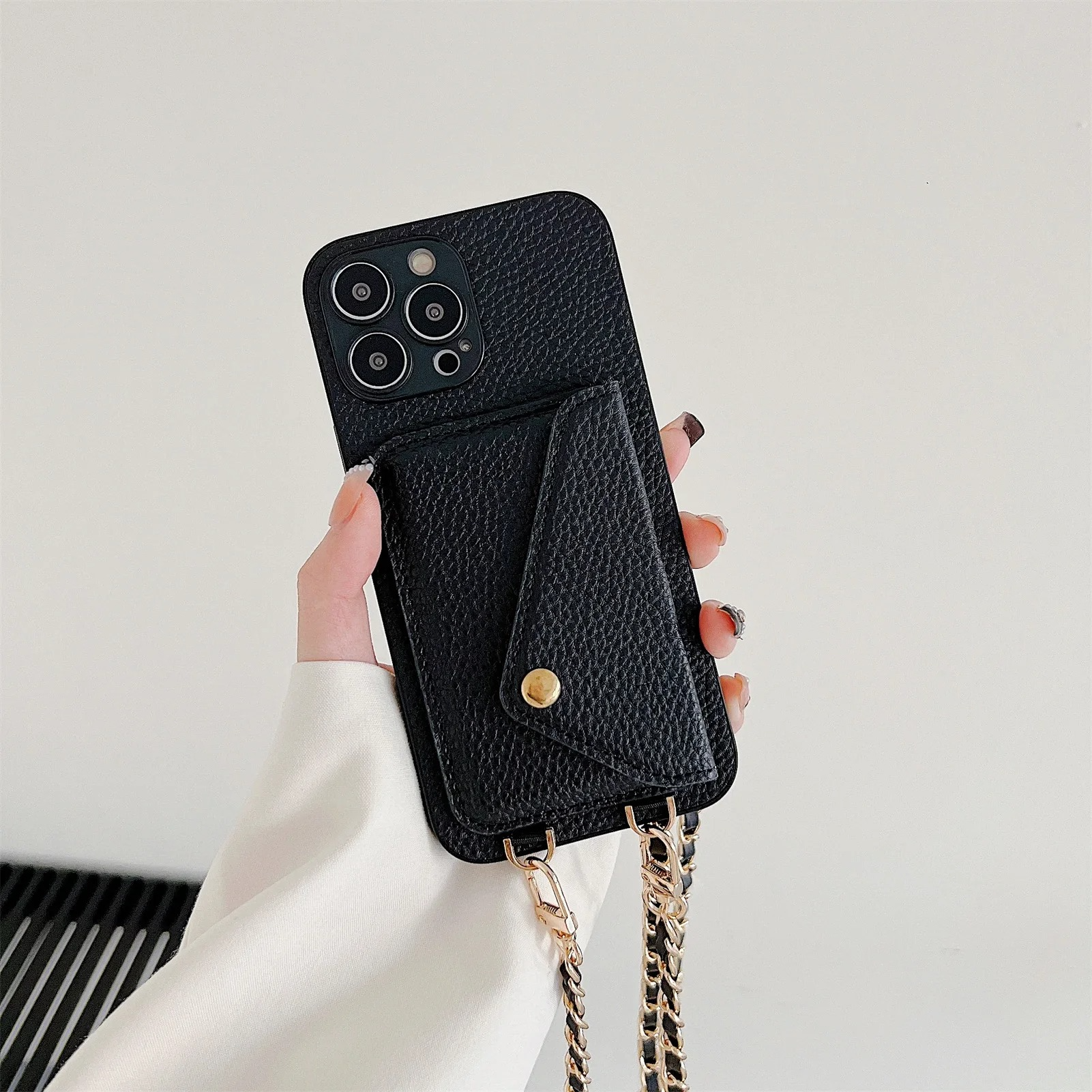 Luxury iPhone Case — Lanyard Crossbody Wallet Cover with Card Holder, Chain Strap Cord, Durable PU Leather Full-Protection Design