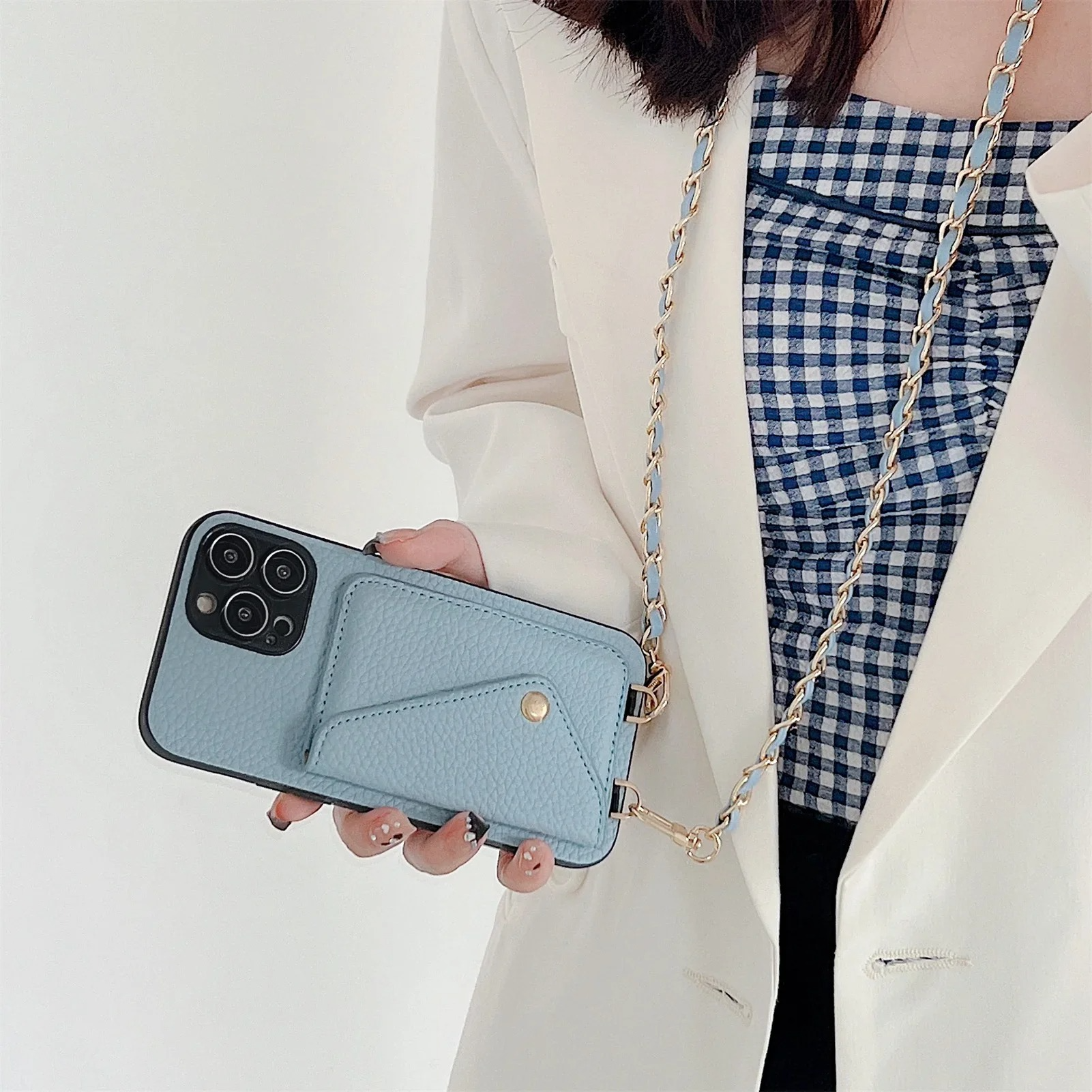 Luxury iPhone Case — Lanyard Crossbody Wallet Cover with Card Holder, Chain Strap Cord, Durable PU Leather Full-Protection Design