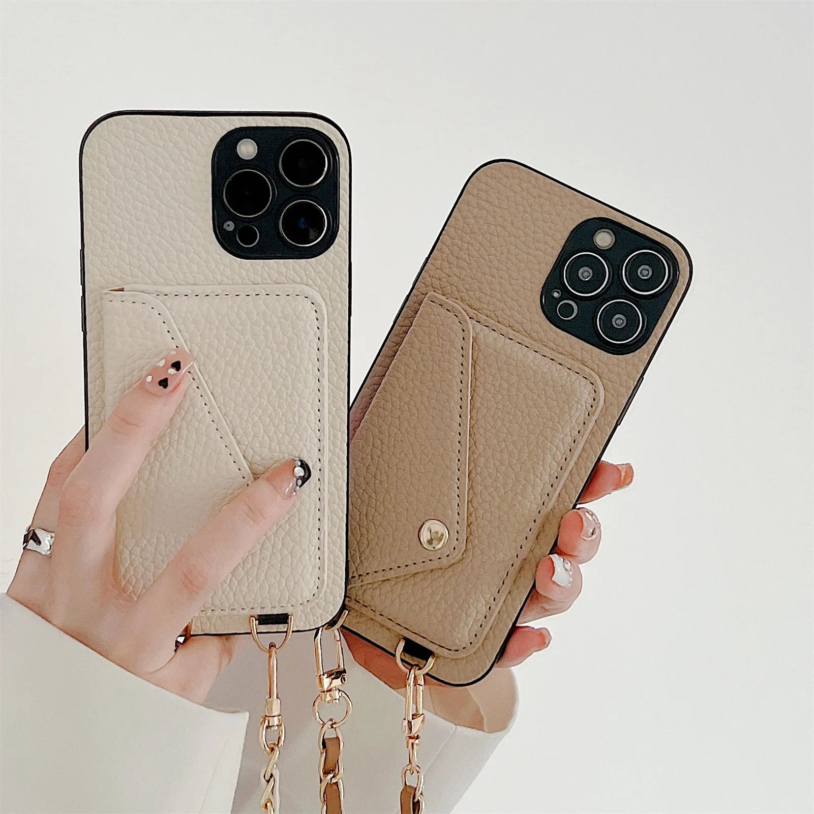 Luxury iPhone Case — Lanyard Crossbody Wallet Cover with Card Holder, Chain Strap Cord, Durable PU Leather Full-Protection Design