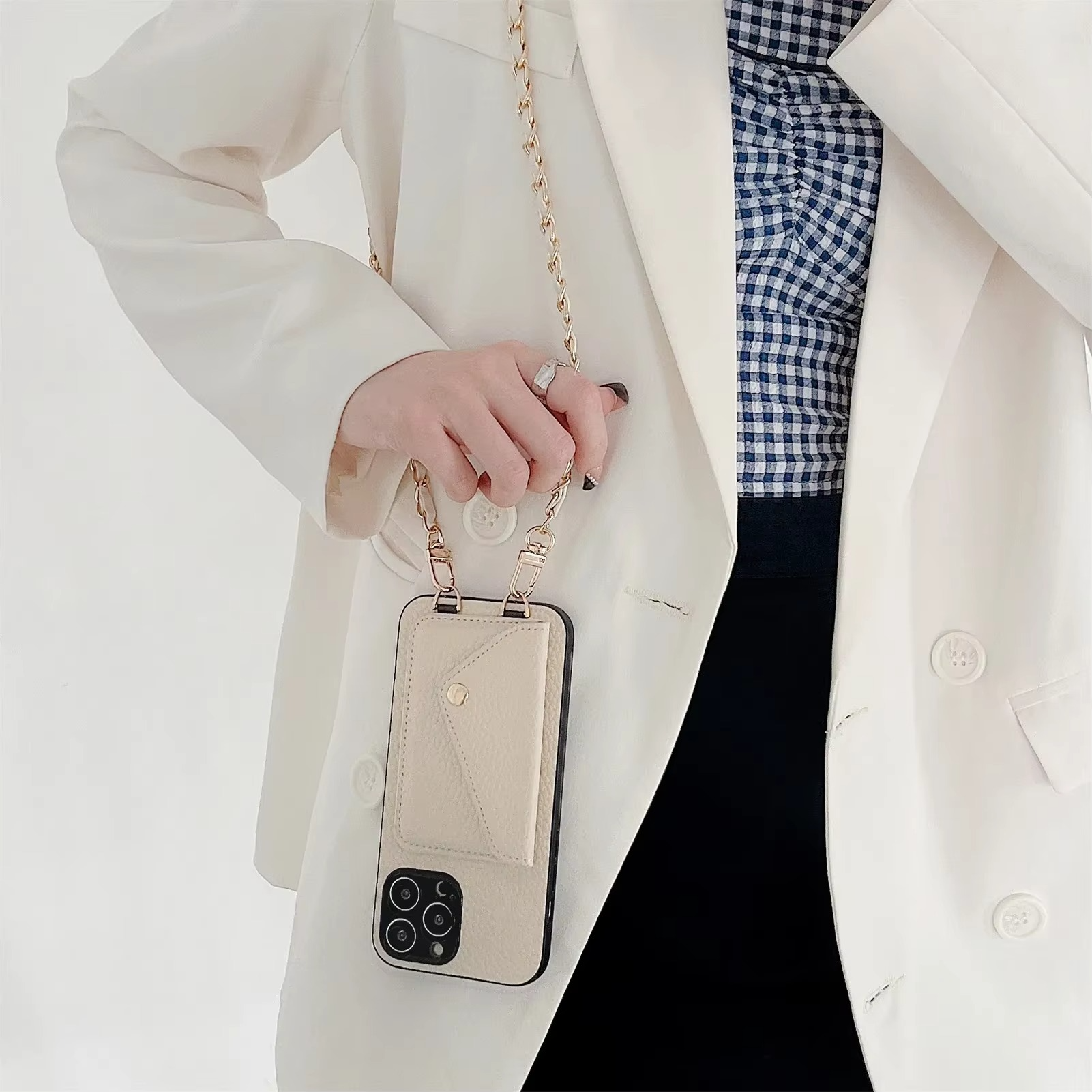Luxury iPhone Case — Lanyard Crossbody Wallet Cover with Card Holder, Chain Strap Cord, Durable PU Leather Full-Protection Design