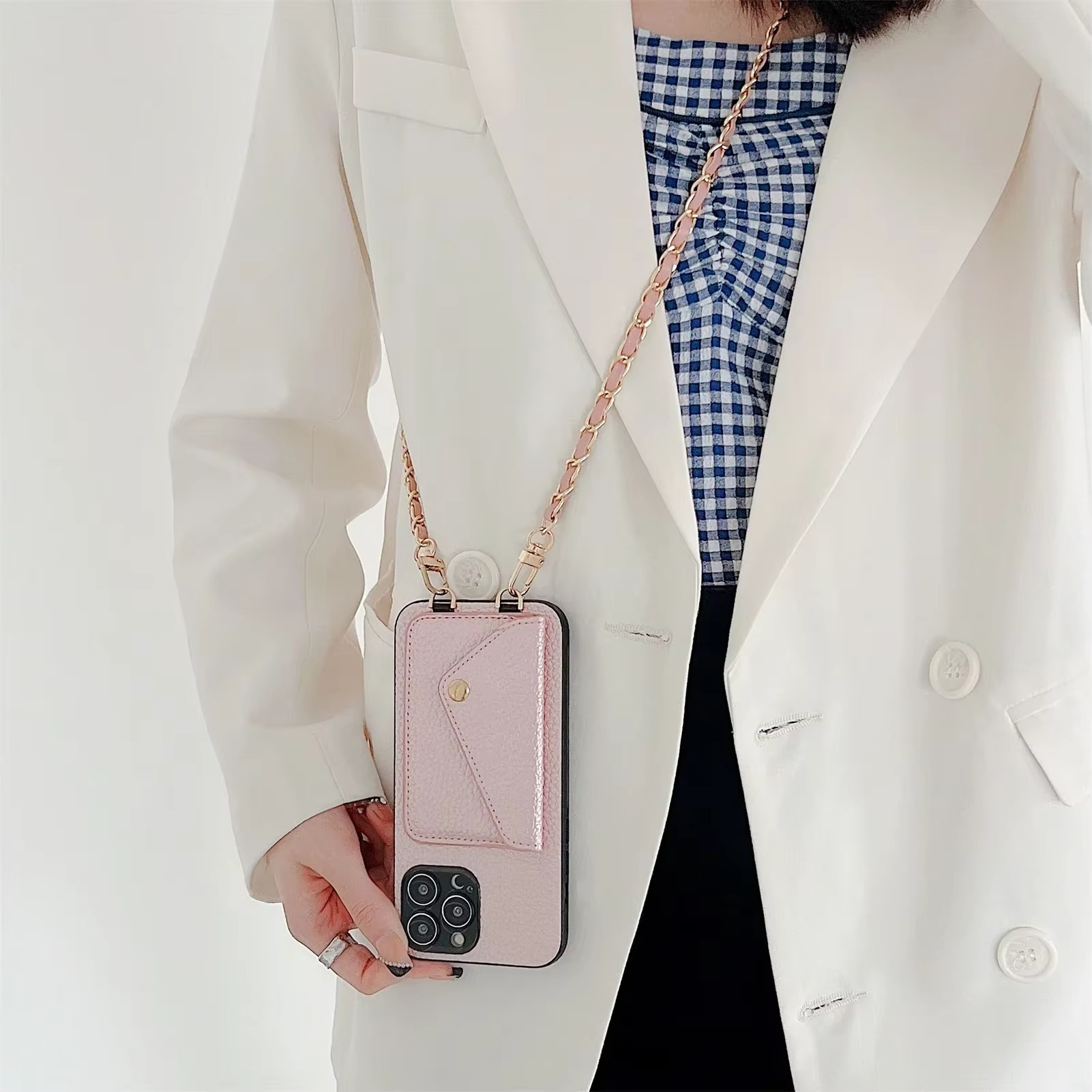Luxury iPhone Case — Lanyard Crossbody Wallet Cover with Card Holder, Chain Strap Cord, Durable PU Leather Full-Protection Design