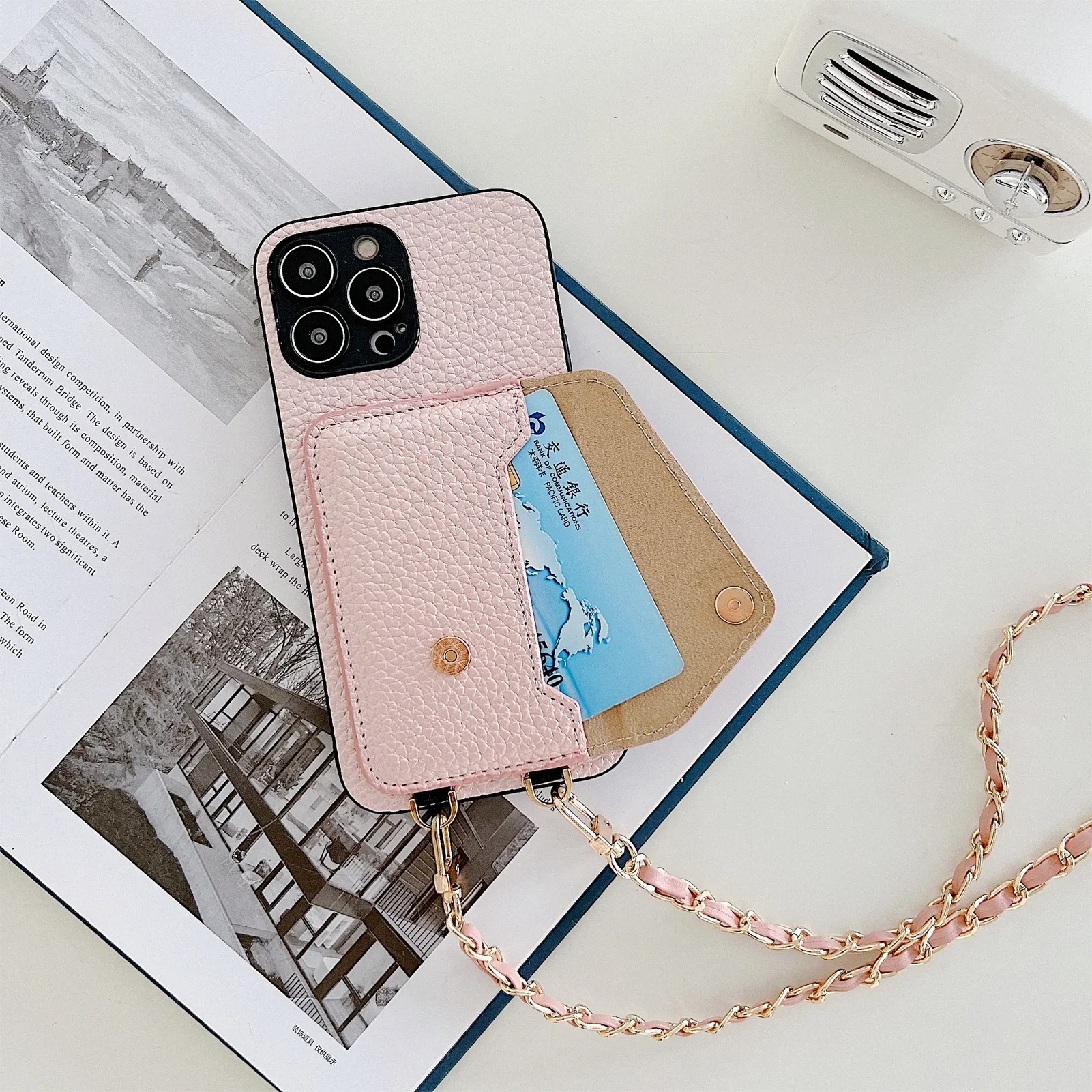 Luxury iPhone Case — Lanyard Crossbody Wallet Cover with Card Holder, Chain Strap Cord, Durable PU Leather Full-Protection Design