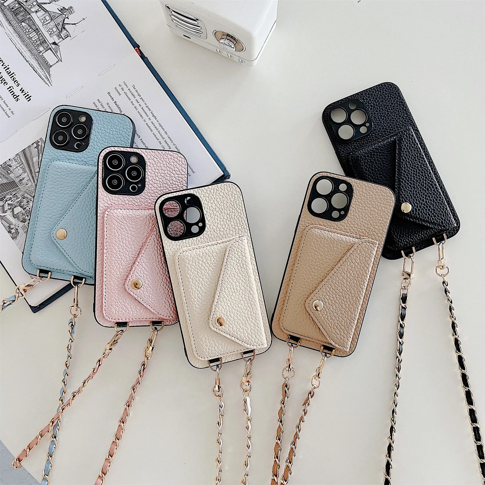 Luxury iPhone Case — Lanyard Crossbody Wallet Cover with Card Holder, Chain Strap Cord, Durable PU Leather Full-Protection Design