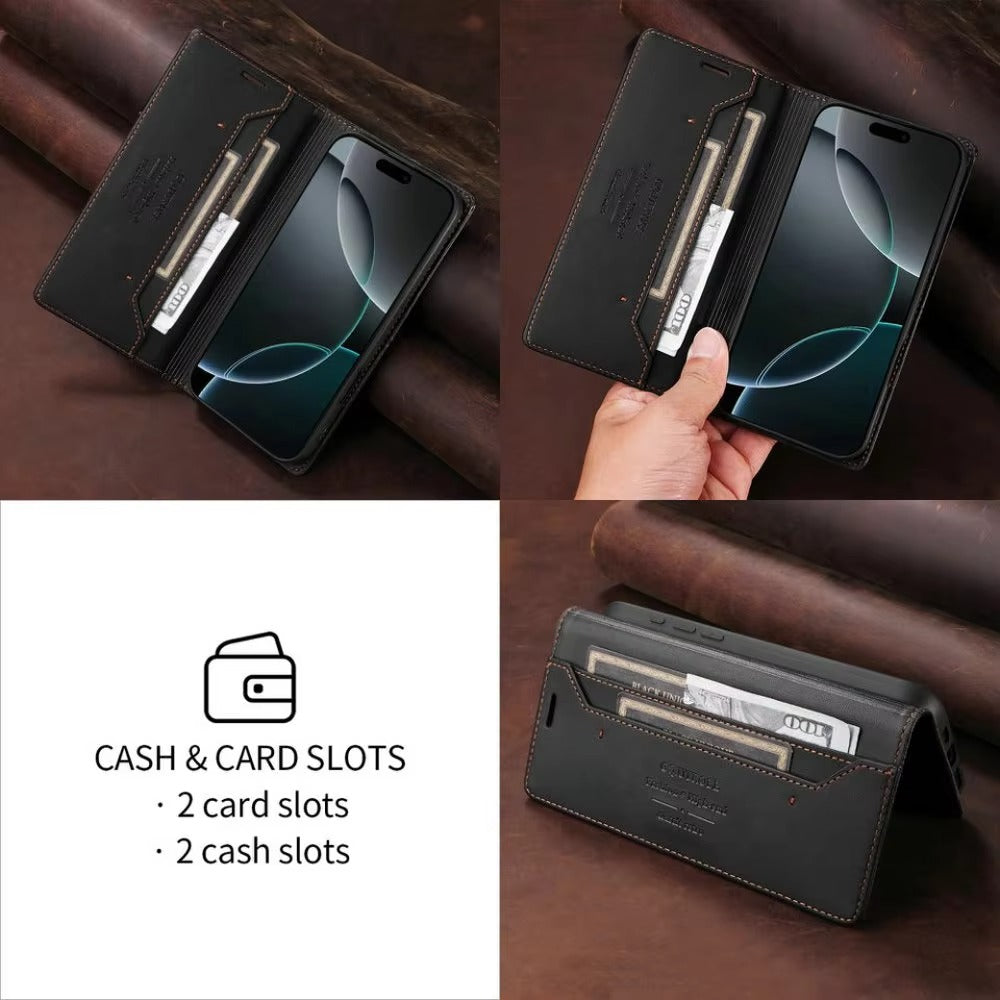 Luxury iPhone Case — Leather Wallet Cover with RFID Protection, Magnetic Card Holder, Shockproof and Anti-Fingerprint Full-Protection Design