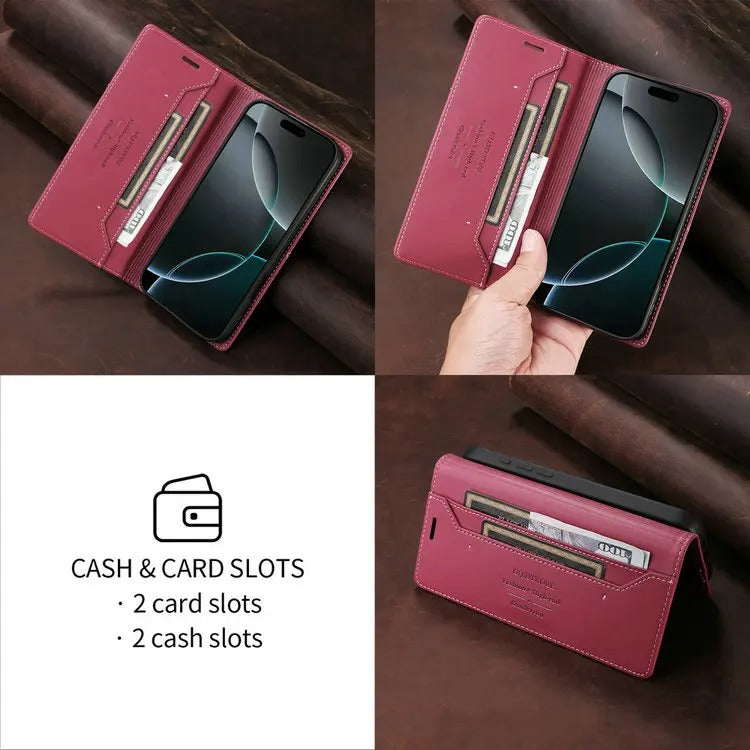 Luxury iPhone Case — Leather Wallet Cover with RFID Protection, Magnetic Card Holder, Shockproof and Anti-Fingerprint Full-Protection Design