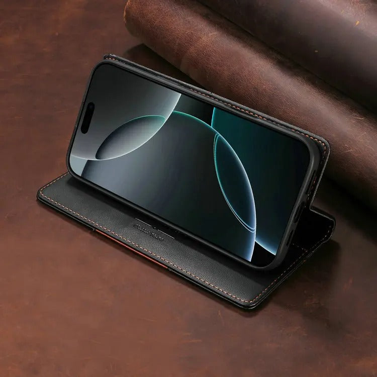 Luxury iPhone Case — Leather Wallet Cover with RFID Protection, Magnetic Card Holder, Shockproof and Anti-Fingerprint Full-Protection Design