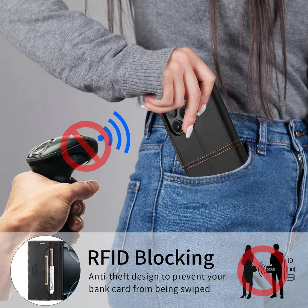 Luxury iPhone Case — Leather Wallet Cover with RFID Protection, Magnetic Card Holder, Shockproof and Anti-Fingerprint Full-Protection Design