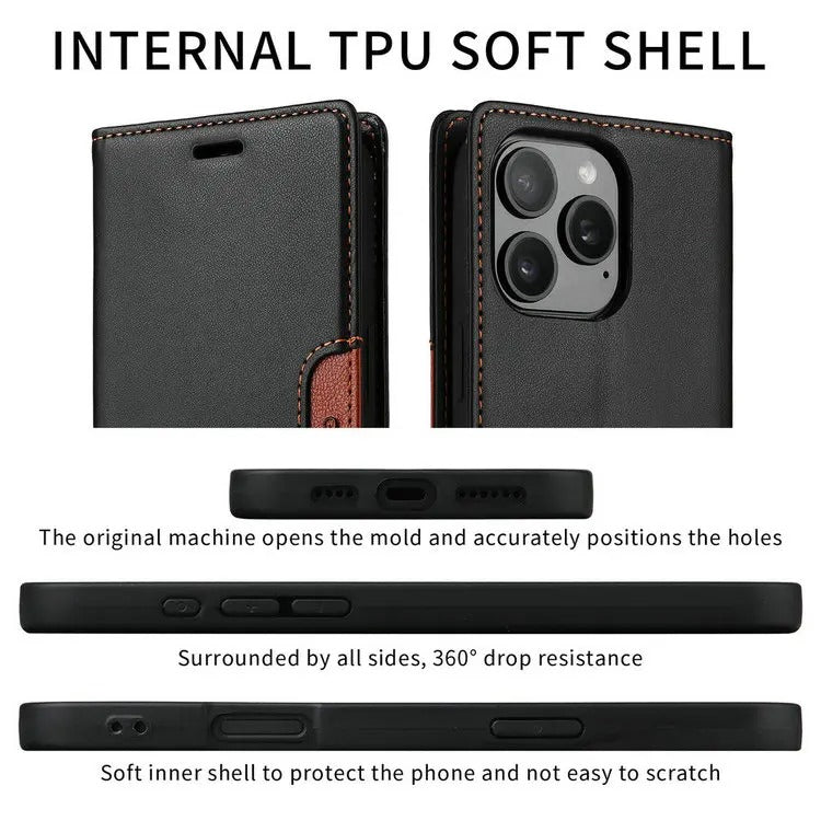 Luxury iPhone Case — Leather Wallet Cover with RFID Protection, Magnetic Card Holder, Shockproof and Anti-Fingerprint Full-Protection Design