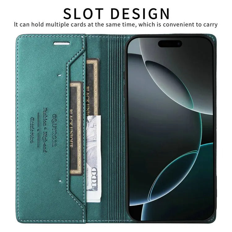 Luxury iPhone Case — Leather Wallet Cover with RFID Protection, Magnetic Card Holder, Shockproof and Anti-Fingerprint Full-Protection Design