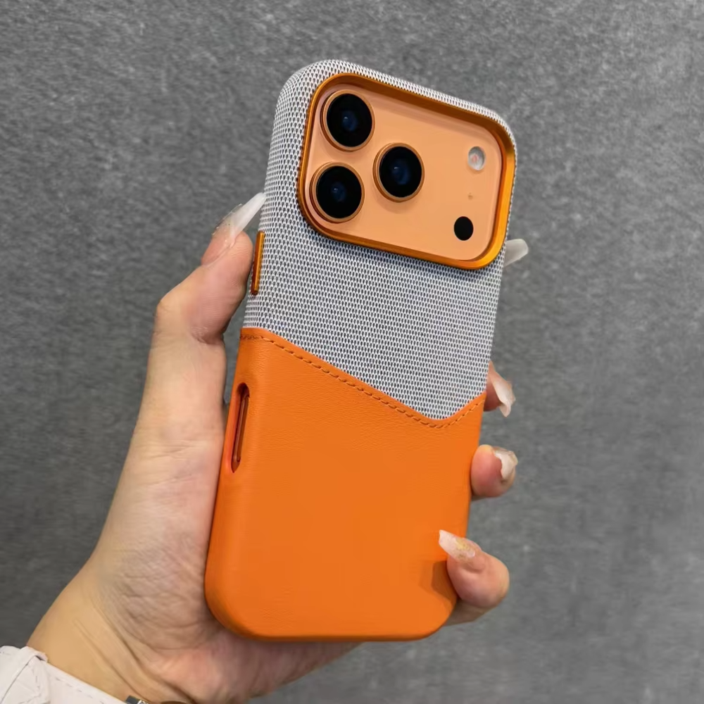 Luxury iPhone Case — Leather & Fabric Splicing Magnetic Cover with Card Slot, Camera-Safe Design and Slim Shockproof Protection