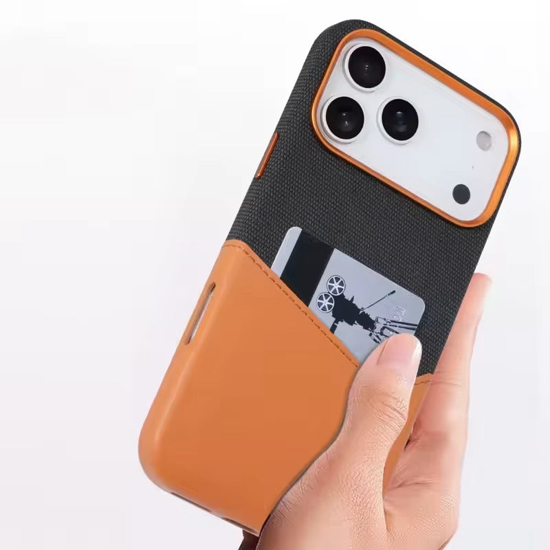 Luxury iPhone Case — Leather & Fabric Splicing Magnetic Cover with Card Slot, Camera-Safe Design and Slim Shockproof Protection