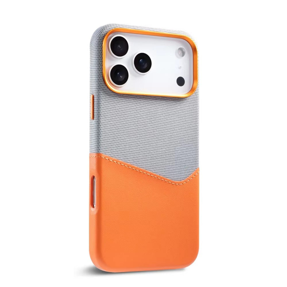 Luxury iPhone Case — Leather & Fabric Splicing Magnetic Cover with Card Slot, Camera-Safe Design and Slim Shockproof Protection