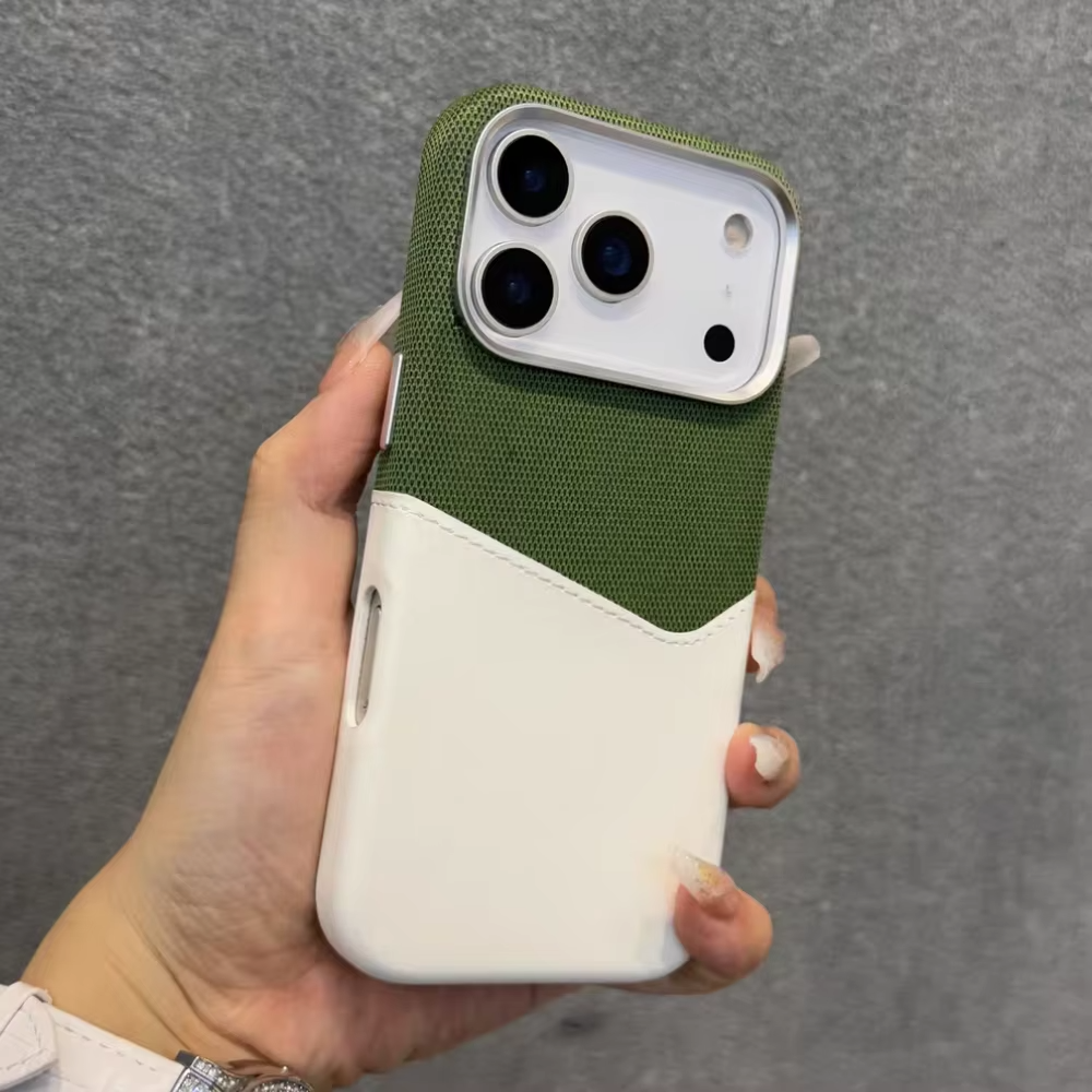 Luxury iPhone Case — Leather & Fabric Splicing Magnetic Cover with Card Slot, Camera-Safe Design and Slim Shockproof Protection