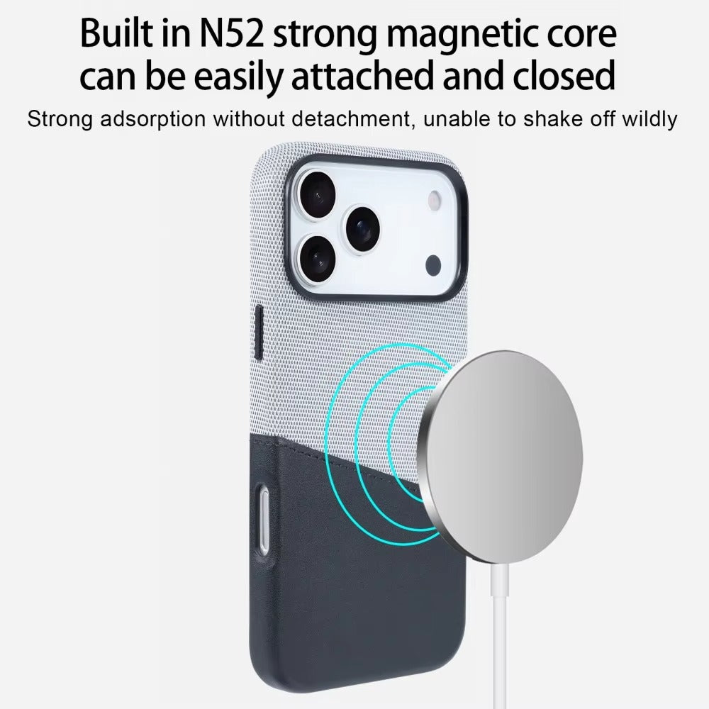 Luxury iPhone Case — Leather & Fabric Splicing Magnetic Cover with Card Slot, Camera-Safe Design and Slim Shockproof Protection