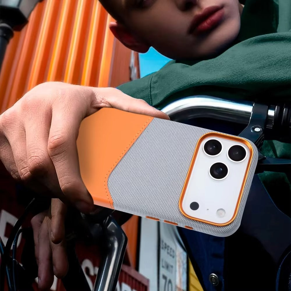 Luxury iPhone Case — Leather & Fabric Splicing Magnetic Cover with Card Slot, Camera-Safe Design and Slim Shockproof Protection