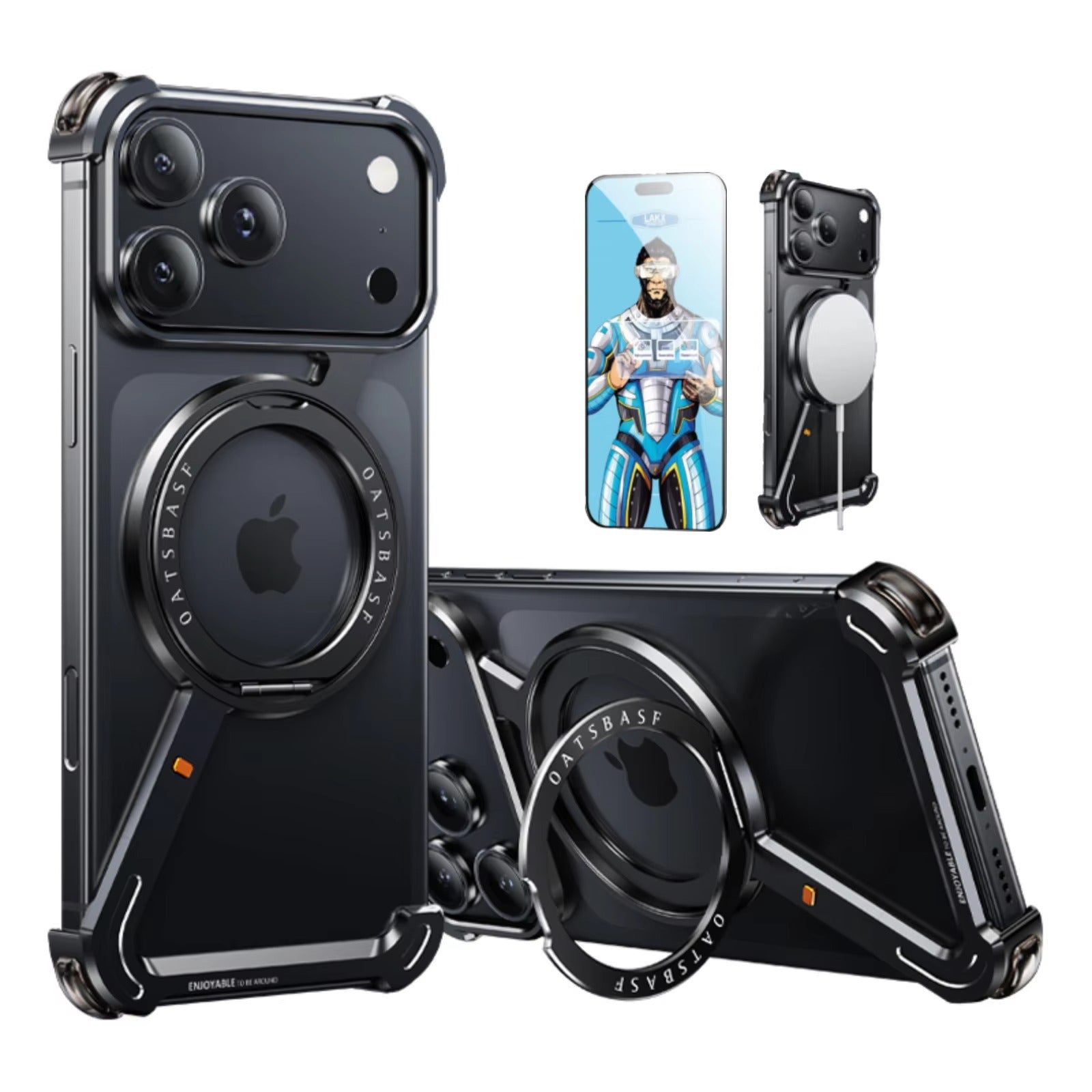 Luxury iPhone Case — MagSafe Aviation Aluminum Z-Shape Bumper with Rotatable Stand, Air-Cushion Anti-Fall Protection and Magnetic Ring Support