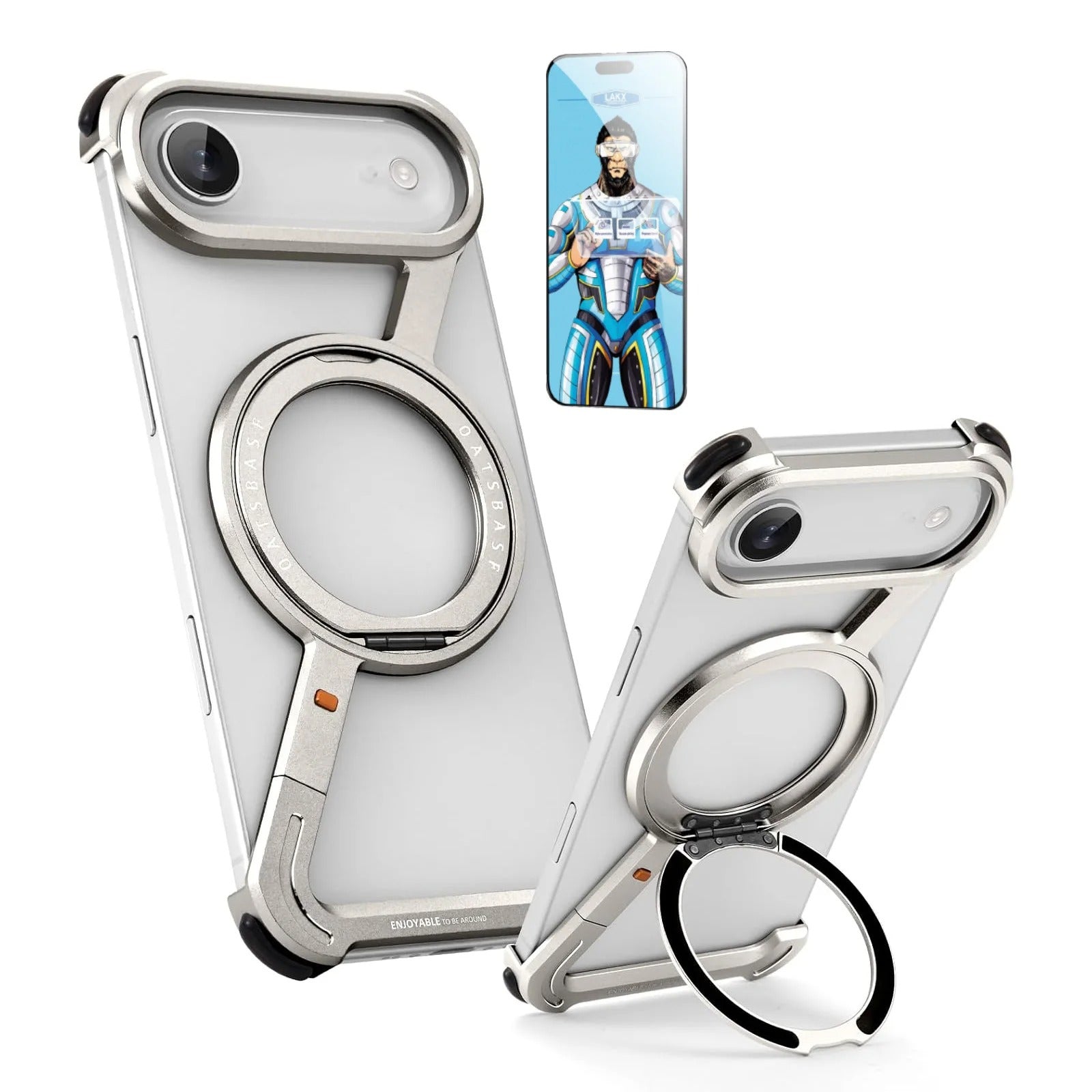 Luxury iPhone Case — MagSafe Aviation Aluminum Z-Shape Bumper with Rotatable Stand, Air-Cushion Anti-Fall Protection and Magnetic Ring Support