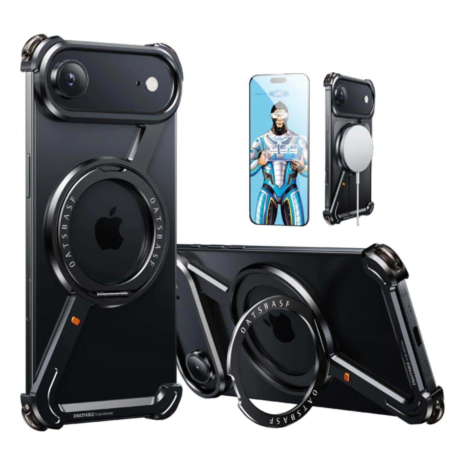 Luxury iPhone Case — MagSafe Aviation Aluminum Z-Shape Bumper with Rotatable Stand, Air-Cushion Anti-Fall Protection and Magnetic Ring Support
