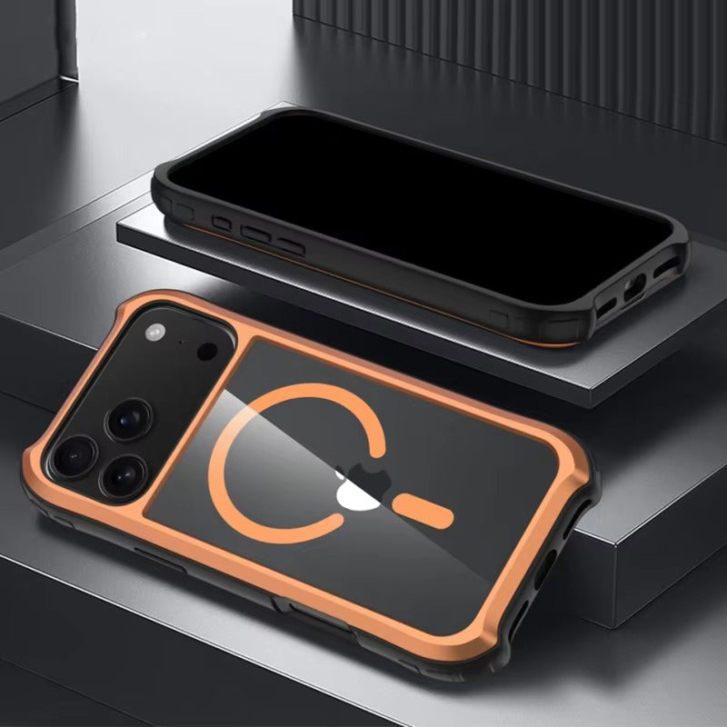 Luxury iPhone Case — Magnetic Aluminum-Frame Transparent Cover with Shockproof Hard PC Back and MagSafe Wireless-Charging Safe Design