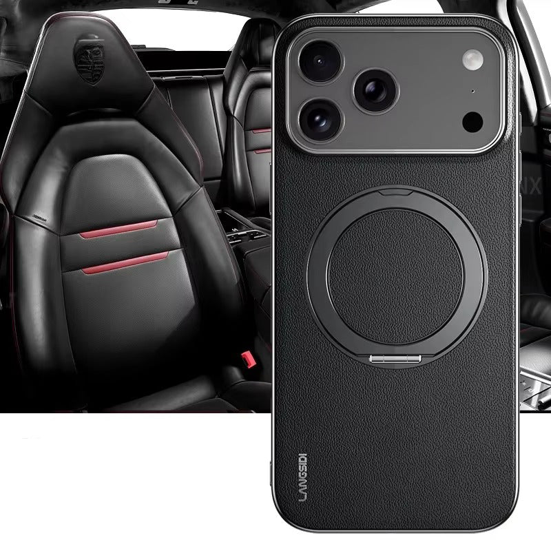 Luxury iPhone Case — Magnetic Cowhide Leather Cover with 360° Rotating Ring Holder, Full Lens Protection and Shockproof PC+TPU Design
