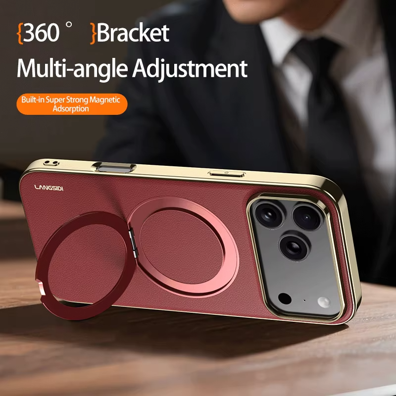 Luxury iPhone Case — Magnetic Leather Ring Holder with Lens Protection Premium Back Cover