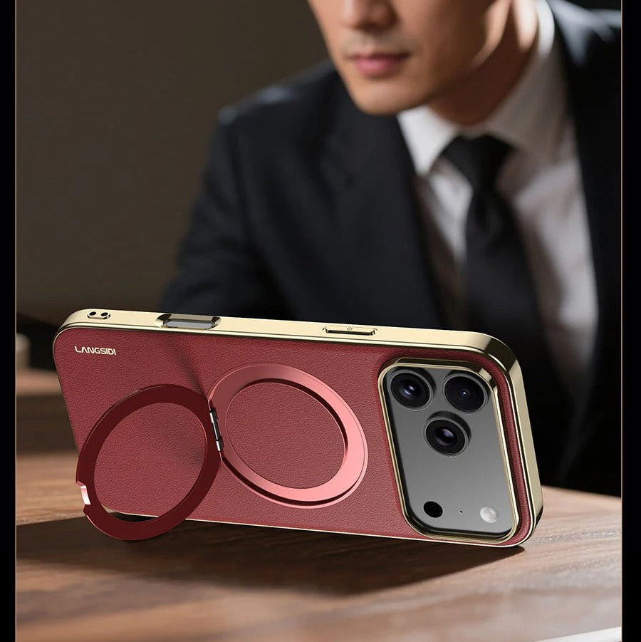 Luxury iPhone Case — Magnetic Leather Ring Holder with Lens Protection Premium Back Cover