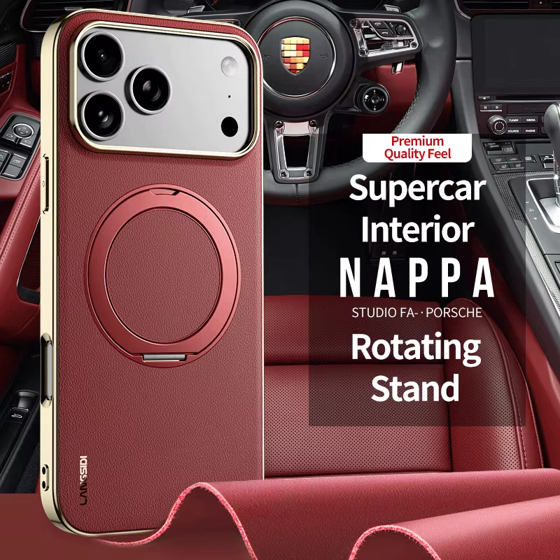 Luxury iPhone Case — Magnetic Leather Ring Holder with Lens Protection Premium Back Cover