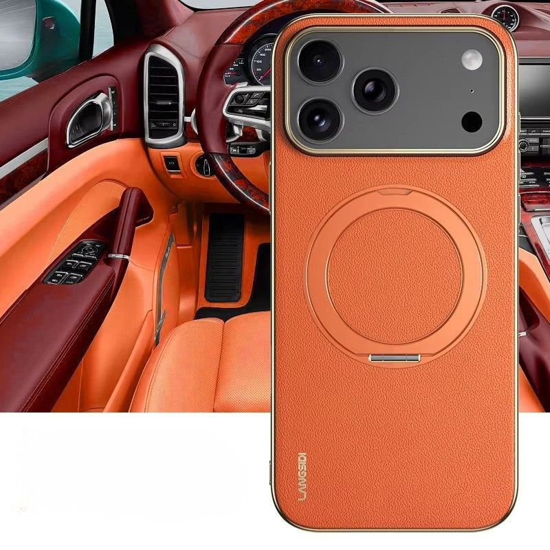Luxury iPhone Case — Magnetic Leather Ring Holder with Lens Protection Premium Back Cover