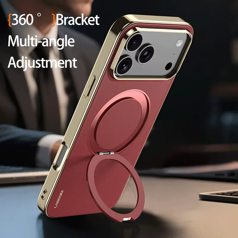 Luxury iPhone Case — Magnetic Leather Ring Holder with Lens Protection Premium Back Cover