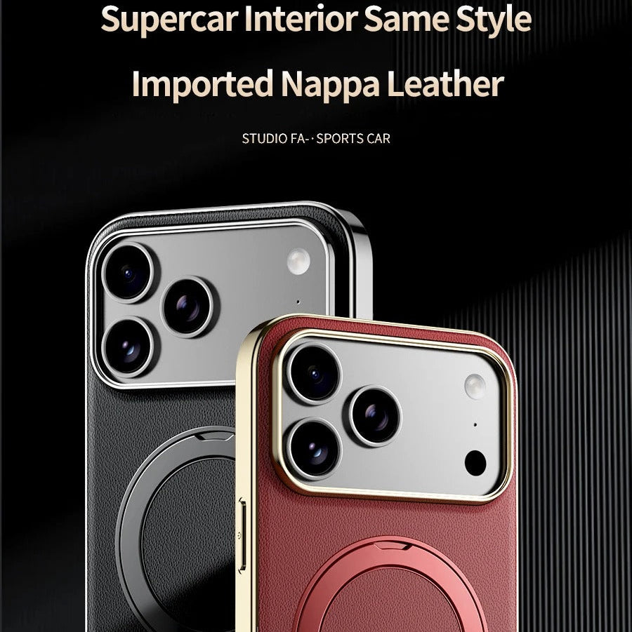 Luxury iPhone Case — Magnetic Leather Ring Holder with Lens Protection Premium Back Cover