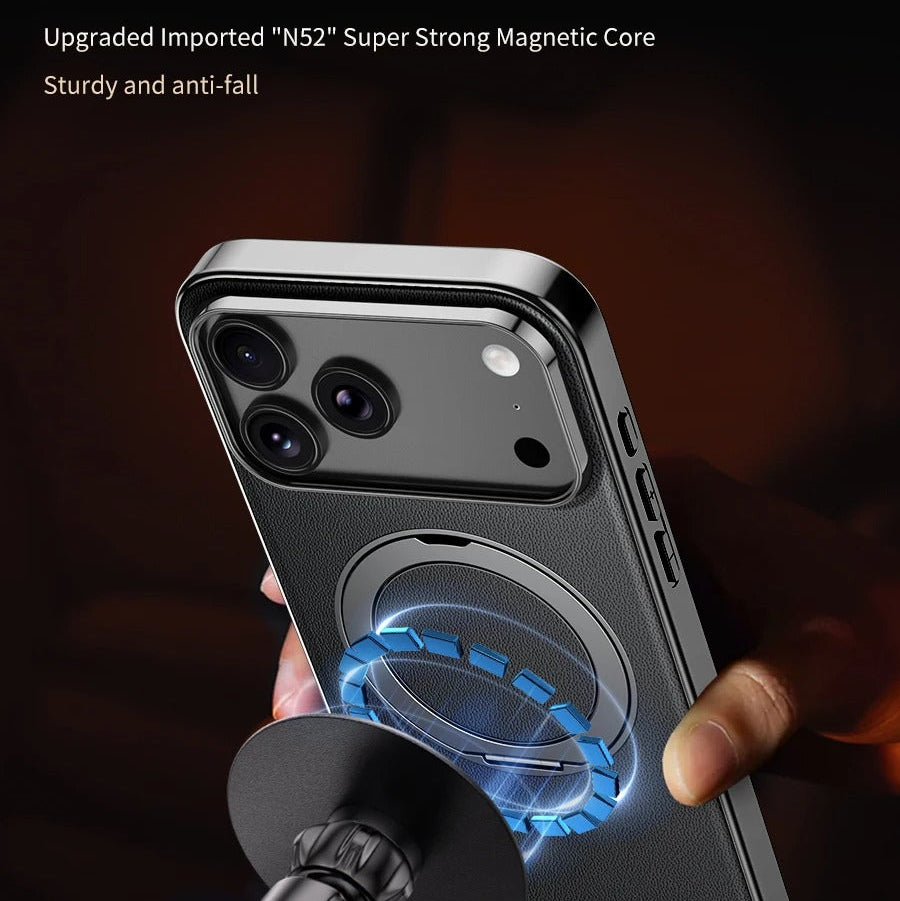 Luxury iPhone Case — Magnetic Leather Ring Holder with Lens Protection Premium Back Cover