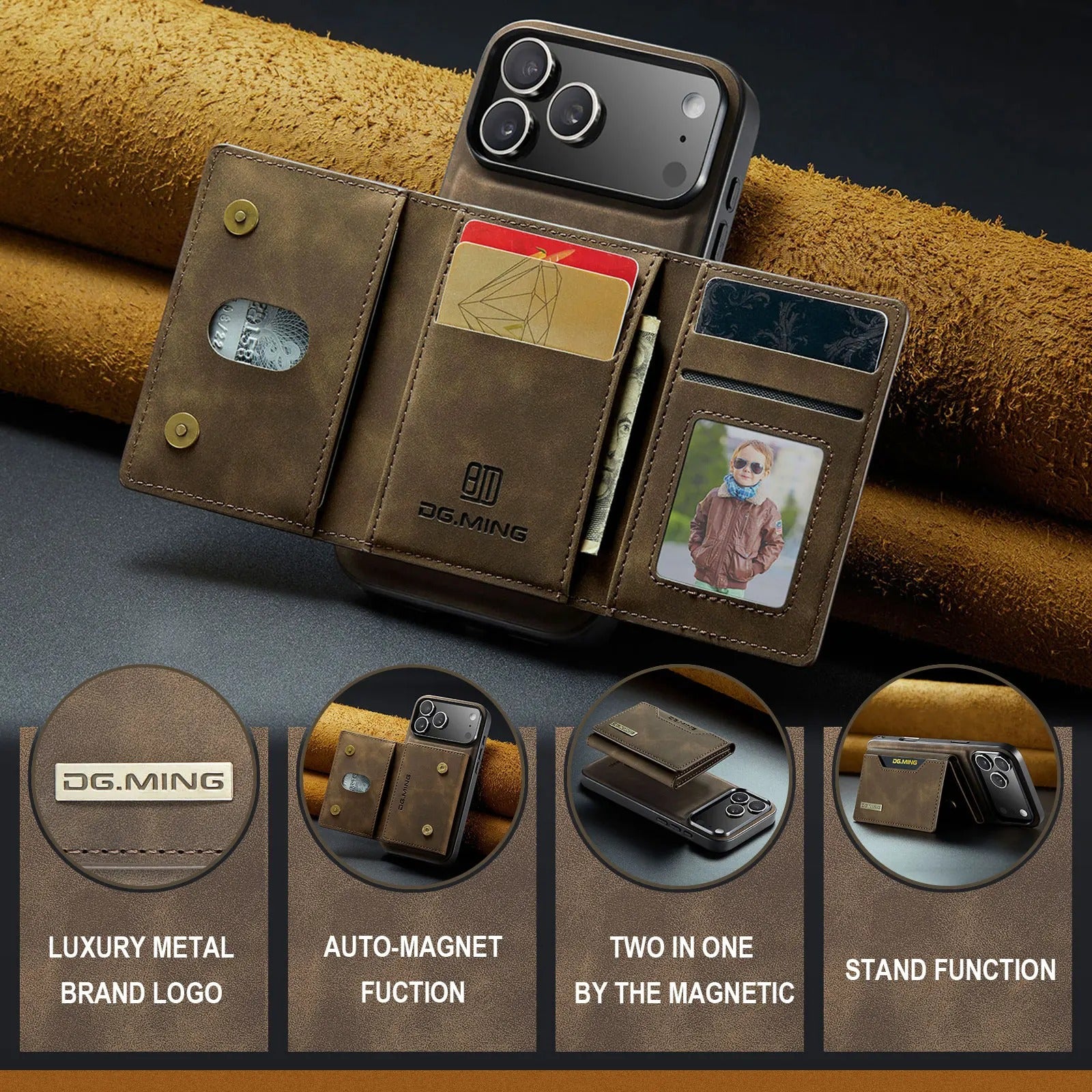 Luxury iPhone Case — Magnetic Leather Wallet Cover with Kickstand, Card & Money Holder, Half-Wrapped Protective Design
