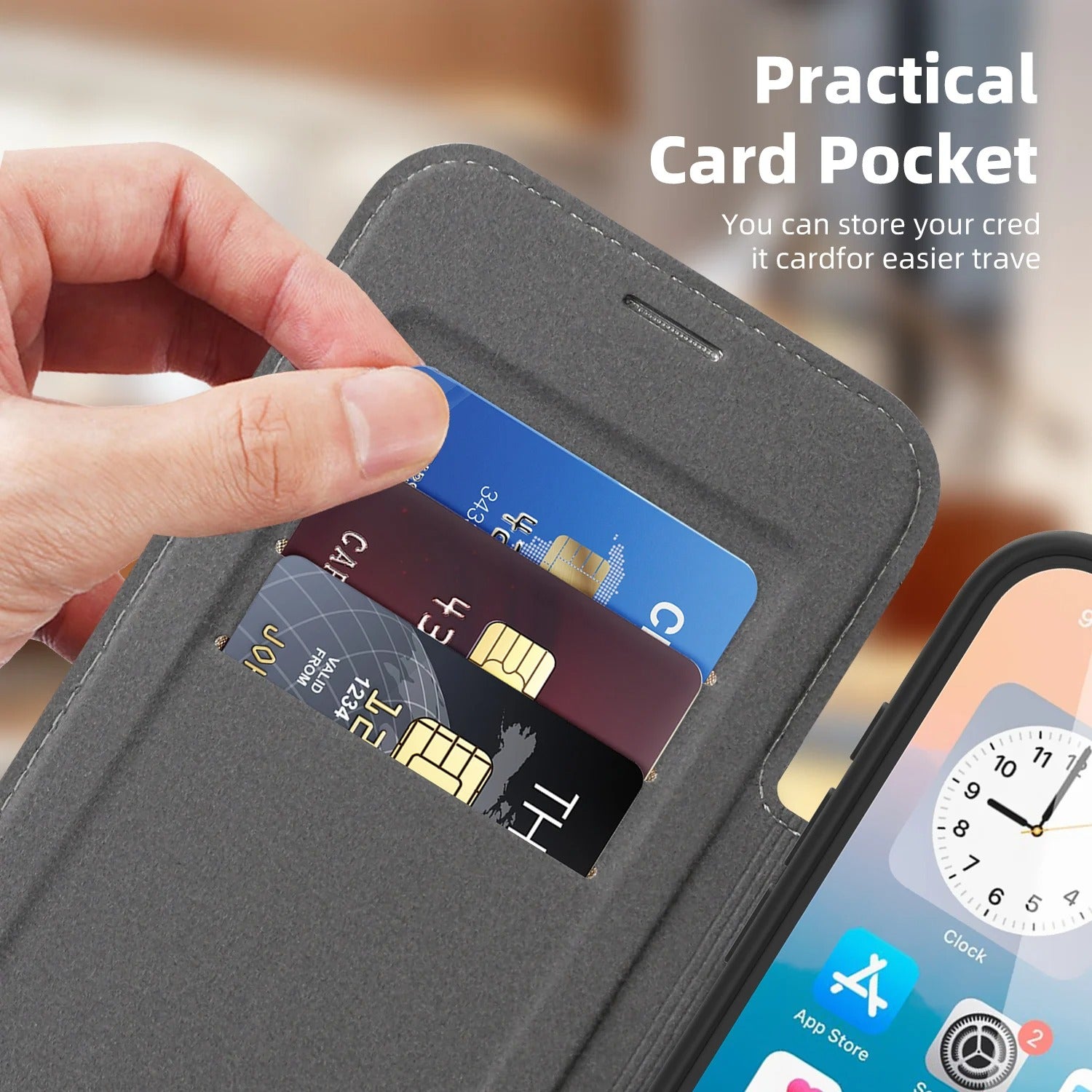 Luxury iPhone Case — Magnetic RFID-Blocking Flip Leather Wallet Cover with Kickstand, Card Storage, Shockproof Dual-Layer Protection and Wireless-Charging Compatibility