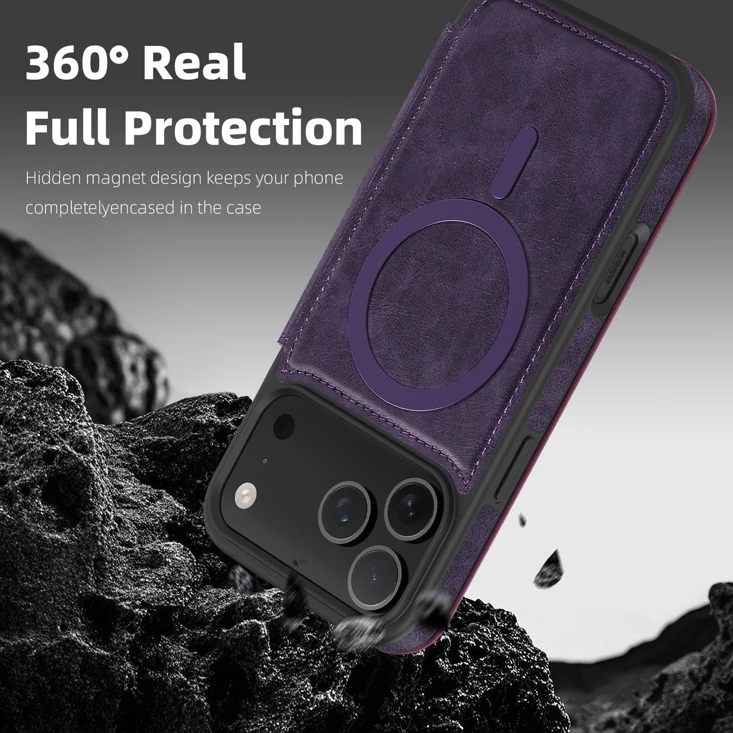 Luxury iPhone Case — Magnetic RFID-Blocking Flip Leather Wallet Cover with Kickstand, Card Storage, Shockproof Dual-Layer Protection and Wireless-Charging Compatibility
