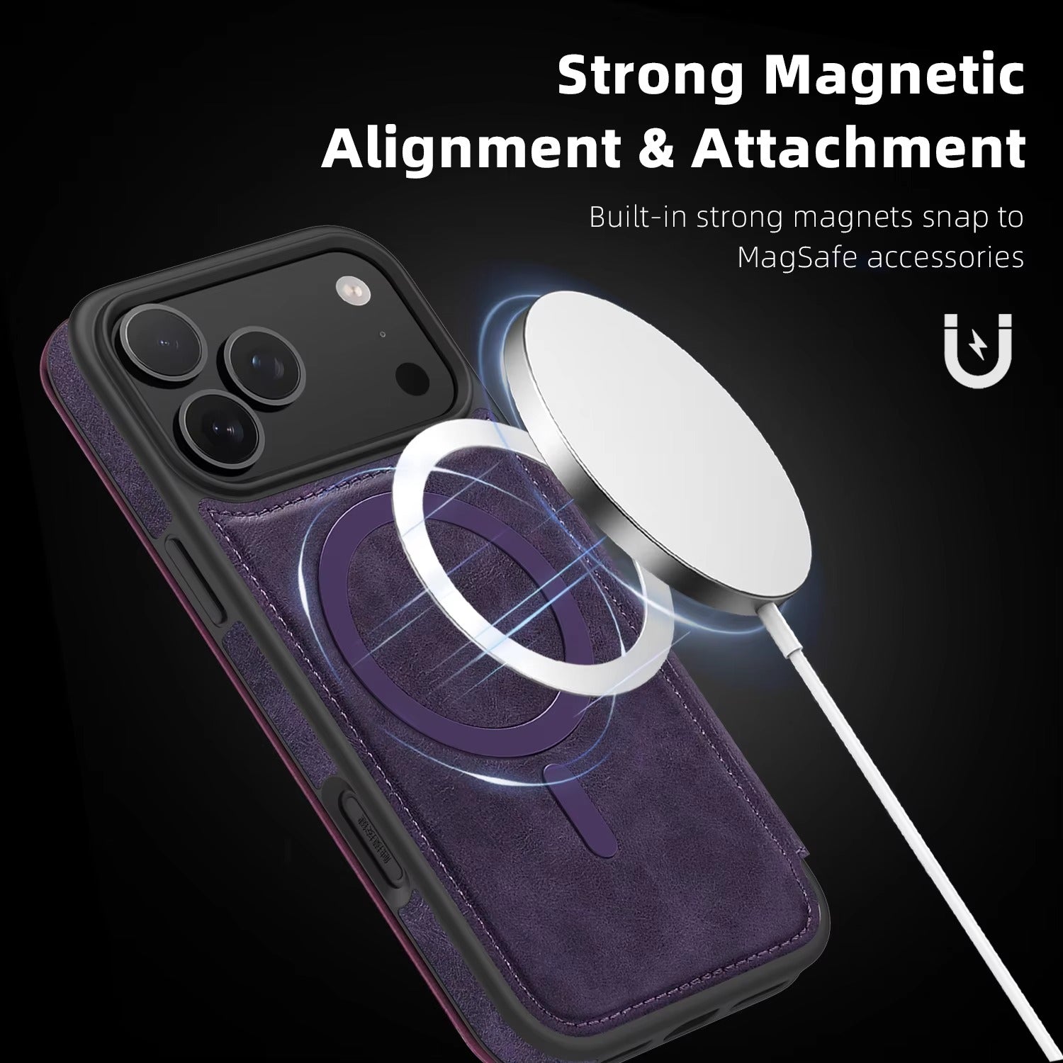 Luxury iPhone Case — Magnetic RFID-Blocking Flip Leather Wallet Cover with Kickstand, Card Storage, Shockproof Dual-Layer Protection and Wireless-Charging Compatibility
