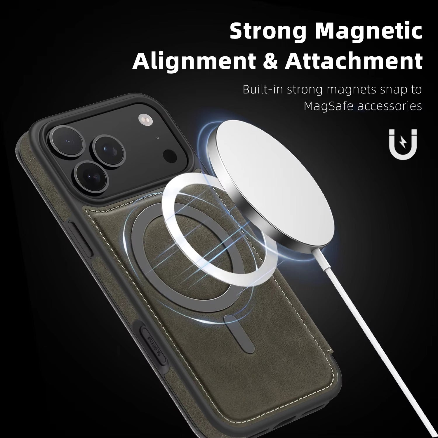 Luxury iPhone Case — Magnetic RFID-Blocking Flip Leather Wallet Cover with Kickstand, Card Storage, Shockproof Dual-Layer Protection and Wireless-Charging Compatibility