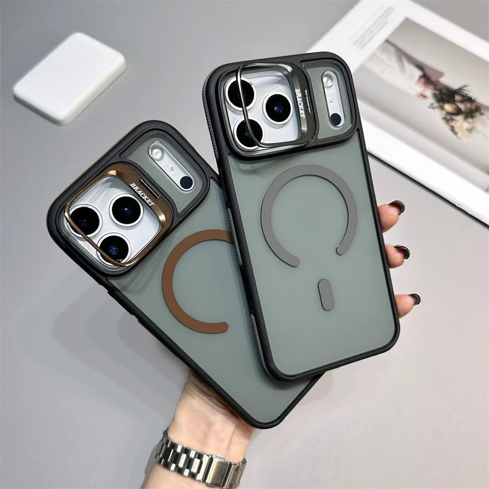 Luxury iPhone Case — Matte Transparent MagSafe Magnetic Cover with Metal Kickstand, Shockproof Armor Protection & Wireless Charging Support