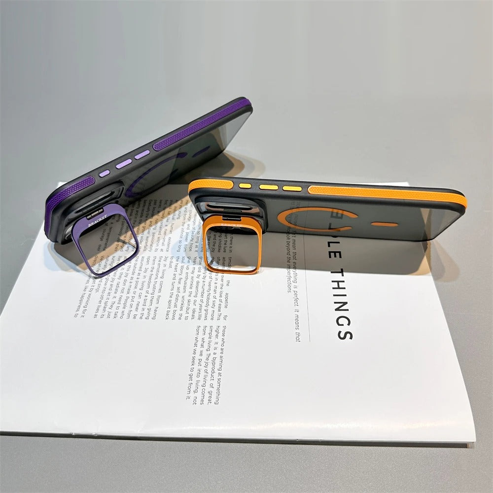 Luxury iPhone Case — Matte Transparent MagSafe Magnetic Cover with Metal Kickstand, Shockproof Armor Protection & Wireless Charging Support