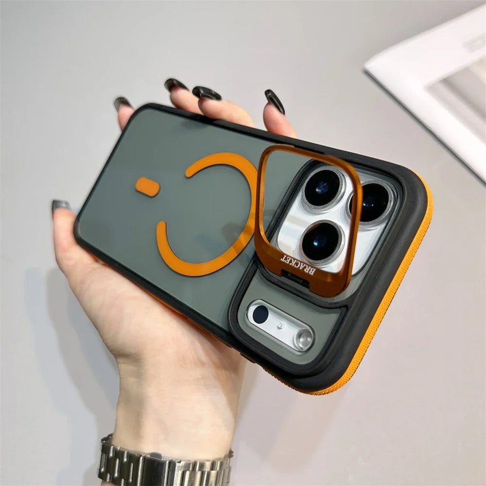 Luxury iPhone Case — Matte Transparent MagSafe Magnetic Cover with Metal Kickstand, Shockproof Armor Protection & Wireless Charging Support