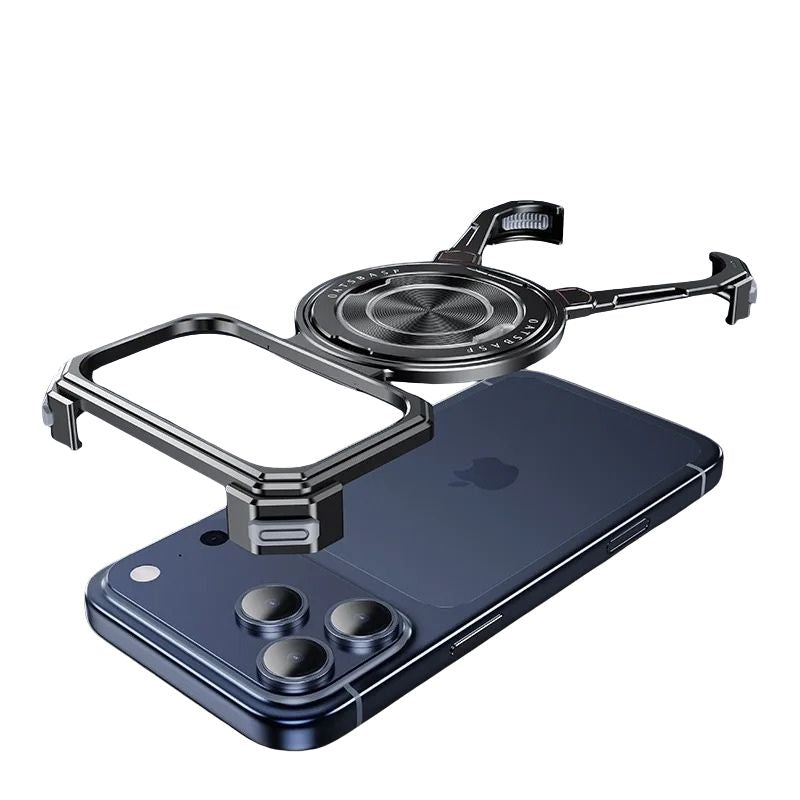 Luxury iPhone Case — Metal Frameless Shockproof Bumper Cover with 360° Rotating Ring Stand and Full Protective Design