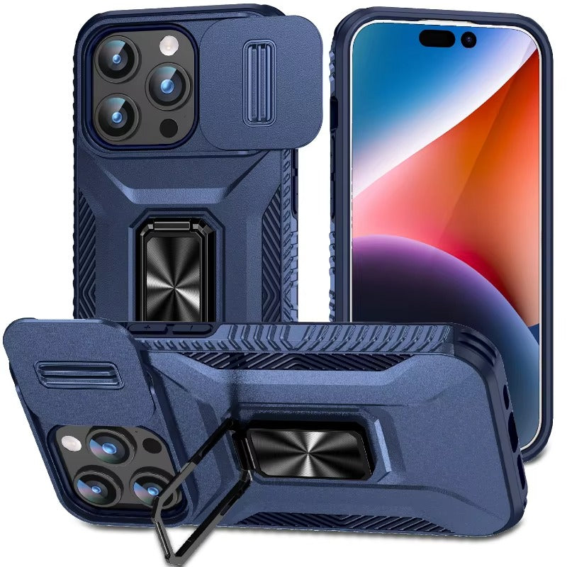 Luxury iPhone Case — Military-Grade Shockproof Anti-Slip Cover with Slide Camera Lens Protection & Rotary Stand