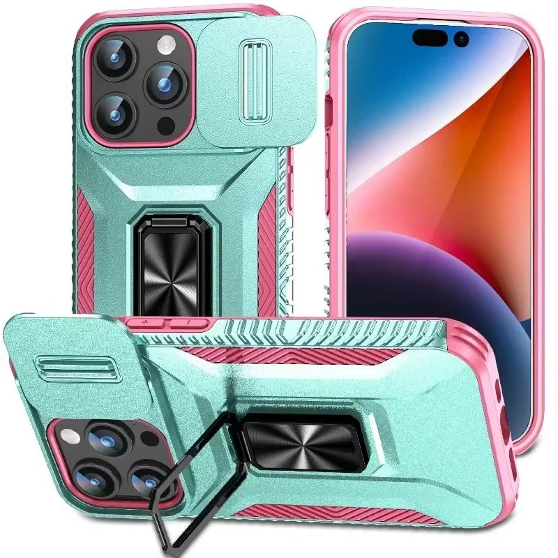 Luxury iPhone Case — Military-Grade Shockproof Anti-Slip Cover with Slide Camera Lens Protection & Rotary Stand