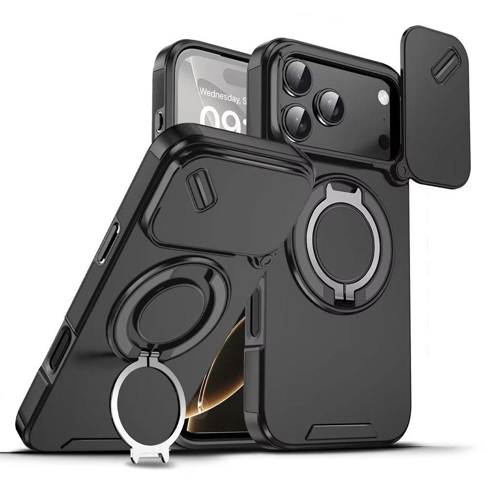 Luxury iPhone Case — Military Armor Magnetic Ring Cover with 360° Rotating Folding Stand, Full Lens Protection & Dual-Layer Shockproof Design