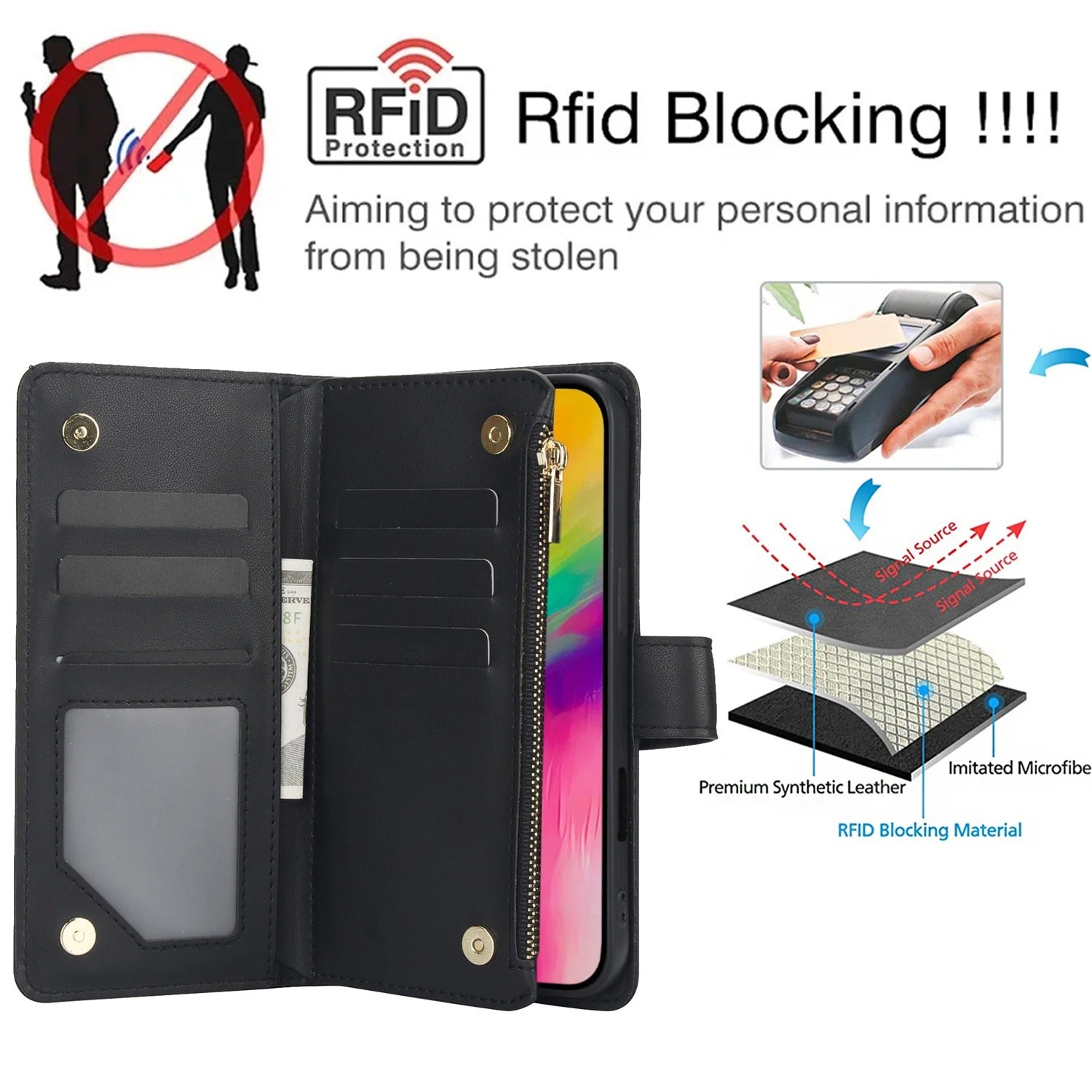 Luxury iPhone Case — Multi-Karal Chain Zipper Wallet Flip Cover with 6-Card Slots, Shockproof, Magnetic, Anti-Scratch, Leather Wallet Case